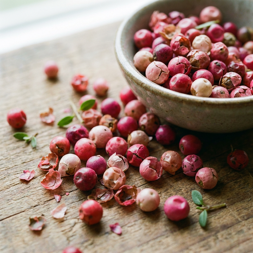 Pink peppercorns in a small bowl and scattered on a weathered wooden table.