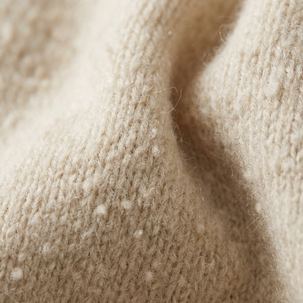 Close-up of soft beige knit fabric showing individual stitches and a fuzzy texture.
