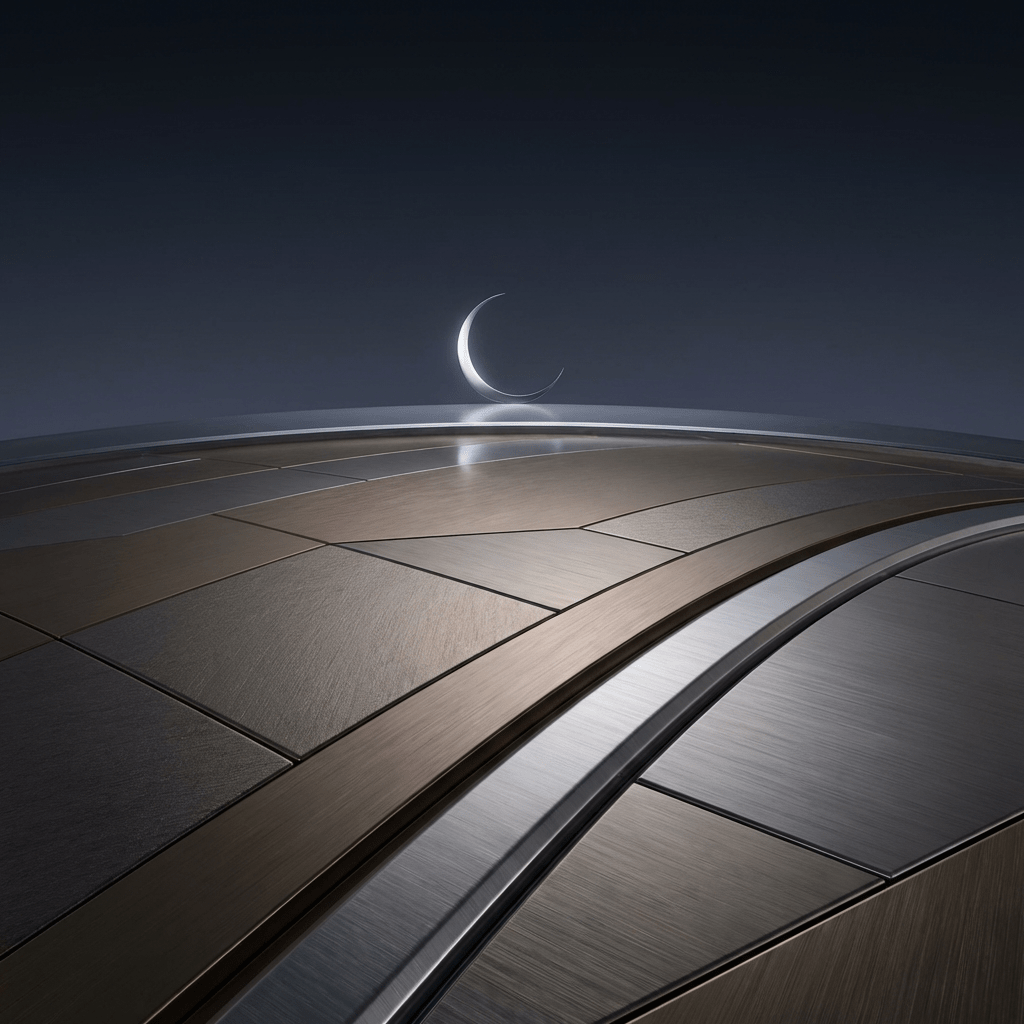 Thin crescent moon over a curved horizon of bronze and silver metallic panels.