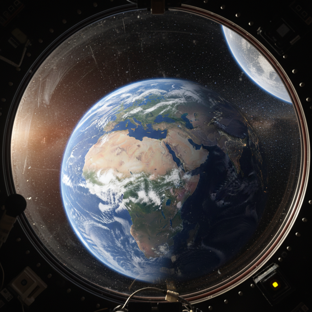View of planet Earth and the moon through a round spacecraft porthole.