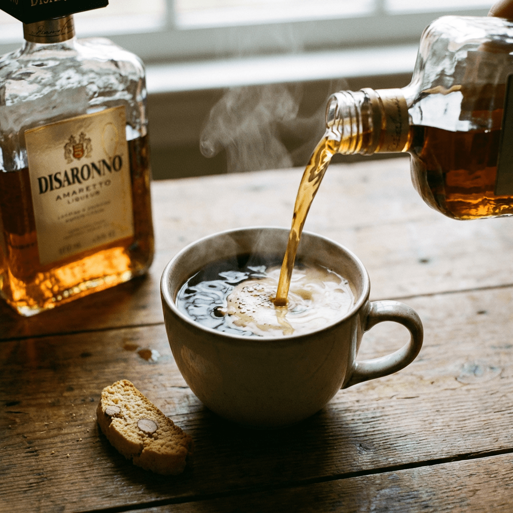 Amaretto liqueur being poured into a steaming coffee mug beside a piece of almond biscotti.