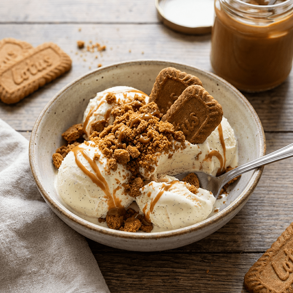 Vanilla bean ice cream with Biscoff cookie pieces and caramel drizzle in a rustic bowl.