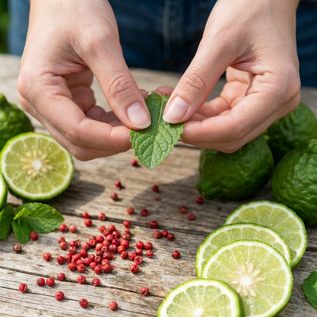 Hands tearing a fresh mint leaf over sliced kaffir limes and pink peppercorns on wood.
