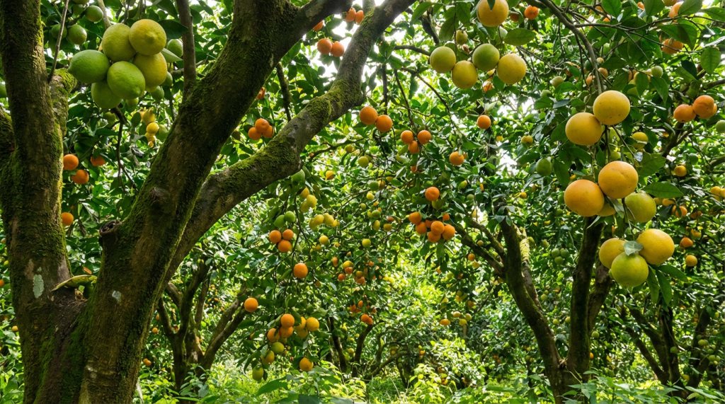 Lush citrus trees laden with green, yellow, and orange fruits in an orchard.