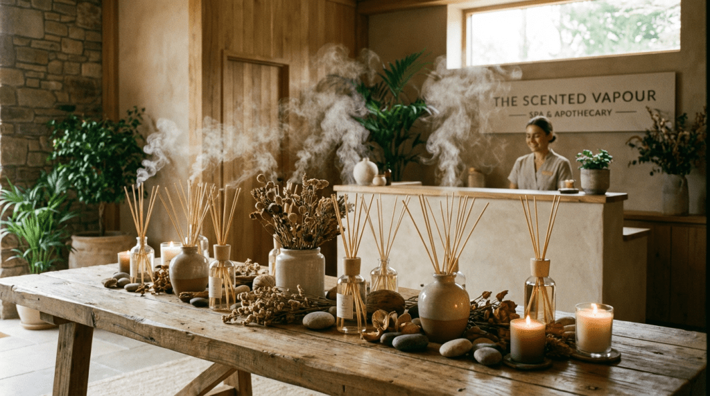 Aromatherapy diffusers and candles on a wooden table at The Scented Vapour SPA & APOTHECARY.