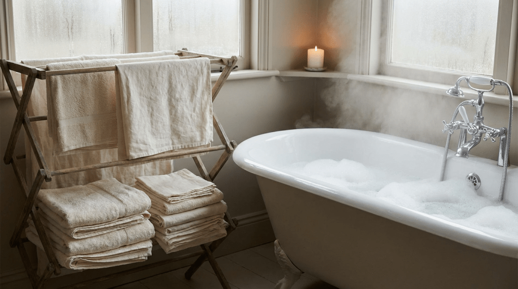 Steaming white clawfoot bathtub with bubbles next to a wooden towel rack.