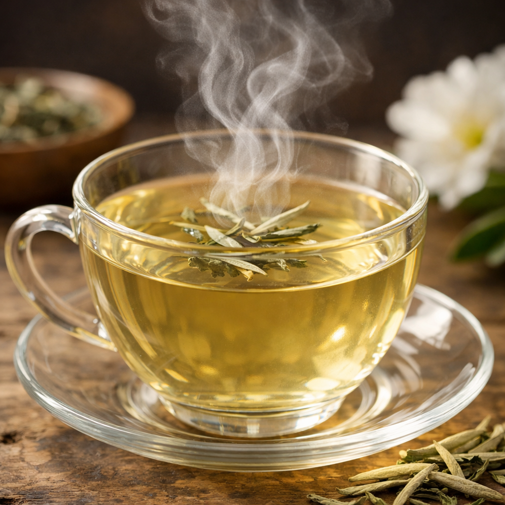 Transparent cup of hot herbal tea with steam and floating dried leaves