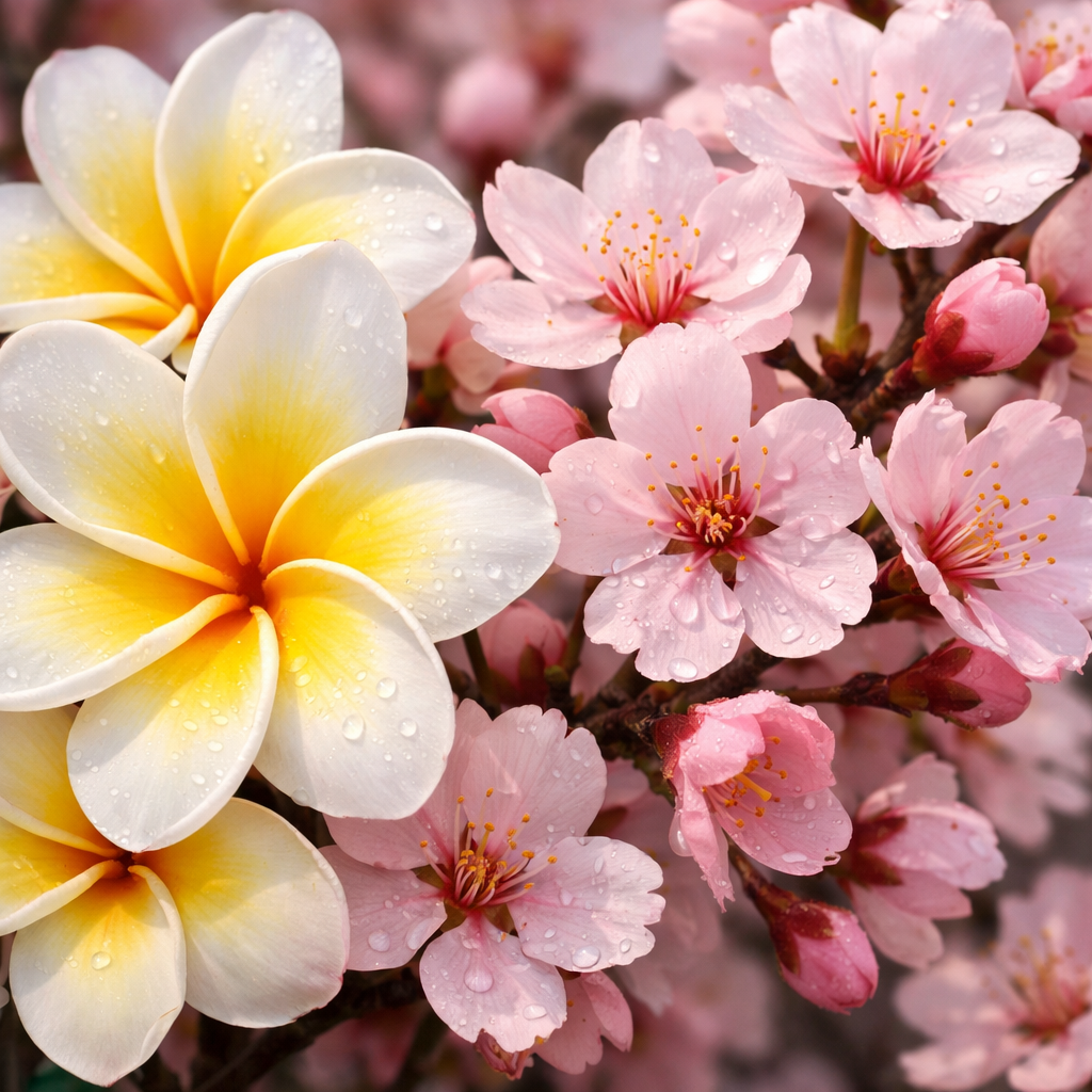 Close-up frangipani and cherry blossoms