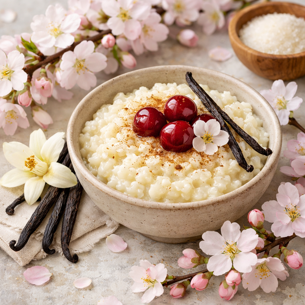 Bowl of creamy rice pudding garnished with three cherries, cinnamon powder, and vanilla pods surrounded by cherry blossoms and sugar bowl