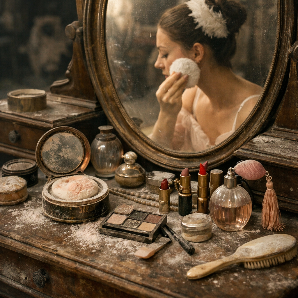 df0fa8fa-5e23-4332-9774-bef4dd6e1fcb Vintage vanity table with makeup powders, lipsticks, brush, and perfume bottle with woman reflecting in mirror applying powder.