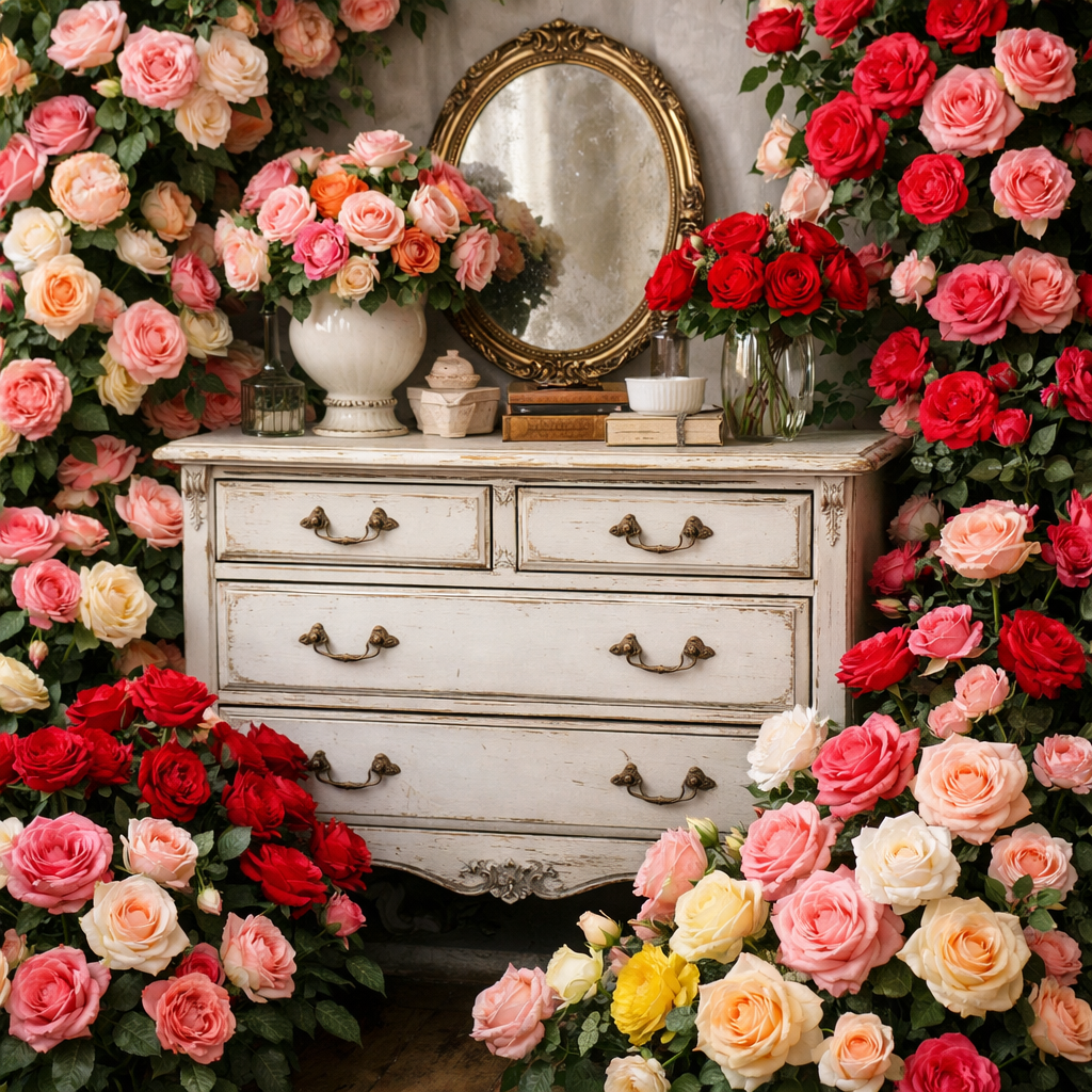 Add many different roses around dresser