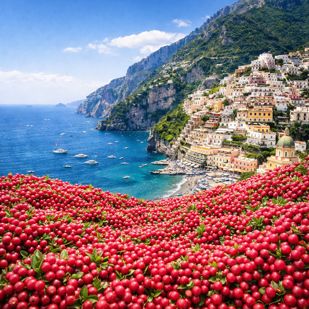 Amalfi Coast with sea of pink peppercorns