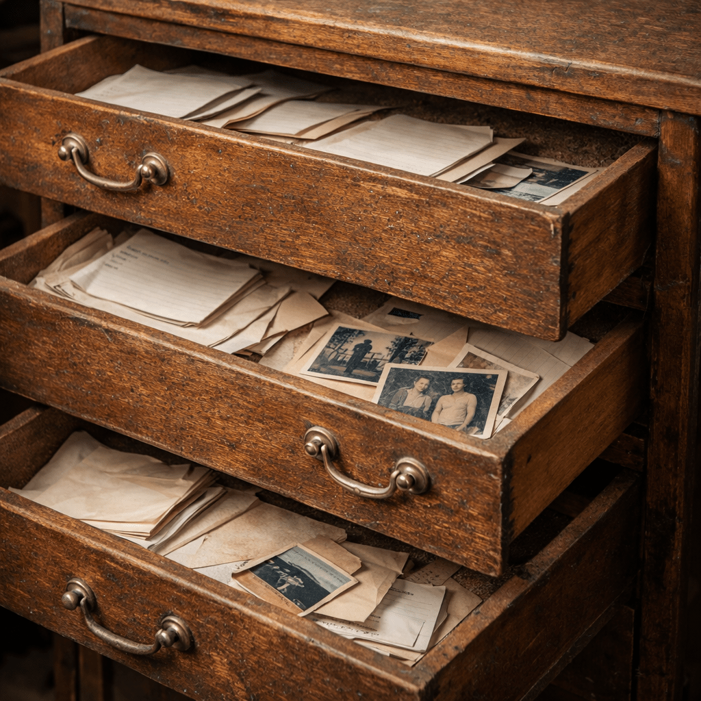 Open wooden drawers filled with dust and spider webs inside an old cabinet