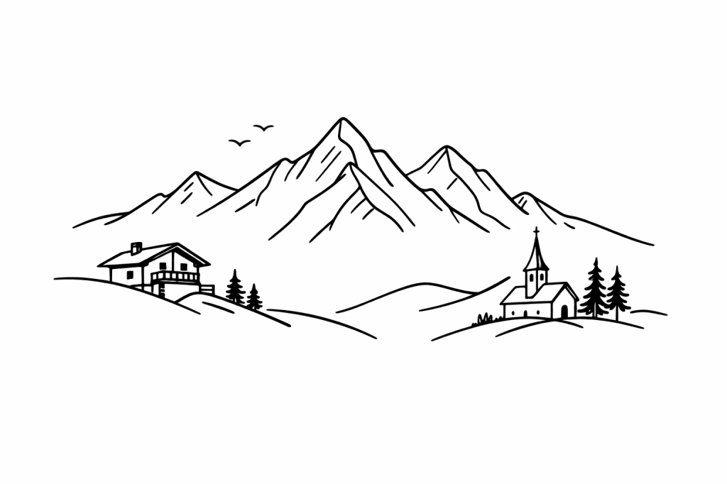 Natural floral and seed composition Minimal black line drawing of Swiss Alps