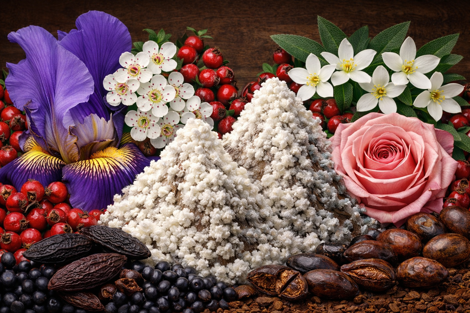 Natural floral and seed composition Purple iris, pink rose, white flowers, red berries, dark seeds, and white cotton-like fibers.