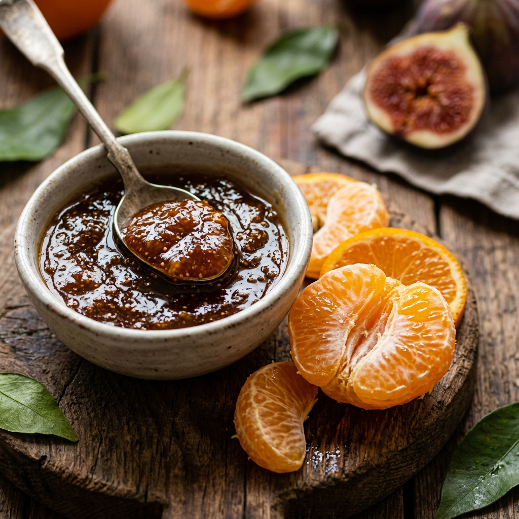 Bowl of fig jam with spoon and fresh peeled mandarin segments on wooden surface