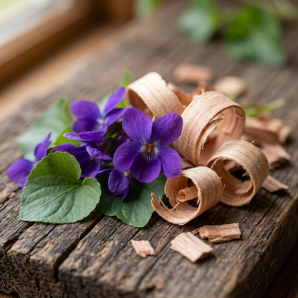 Purple violet flowers and green leaves next to curled wood shavings on wooden surface