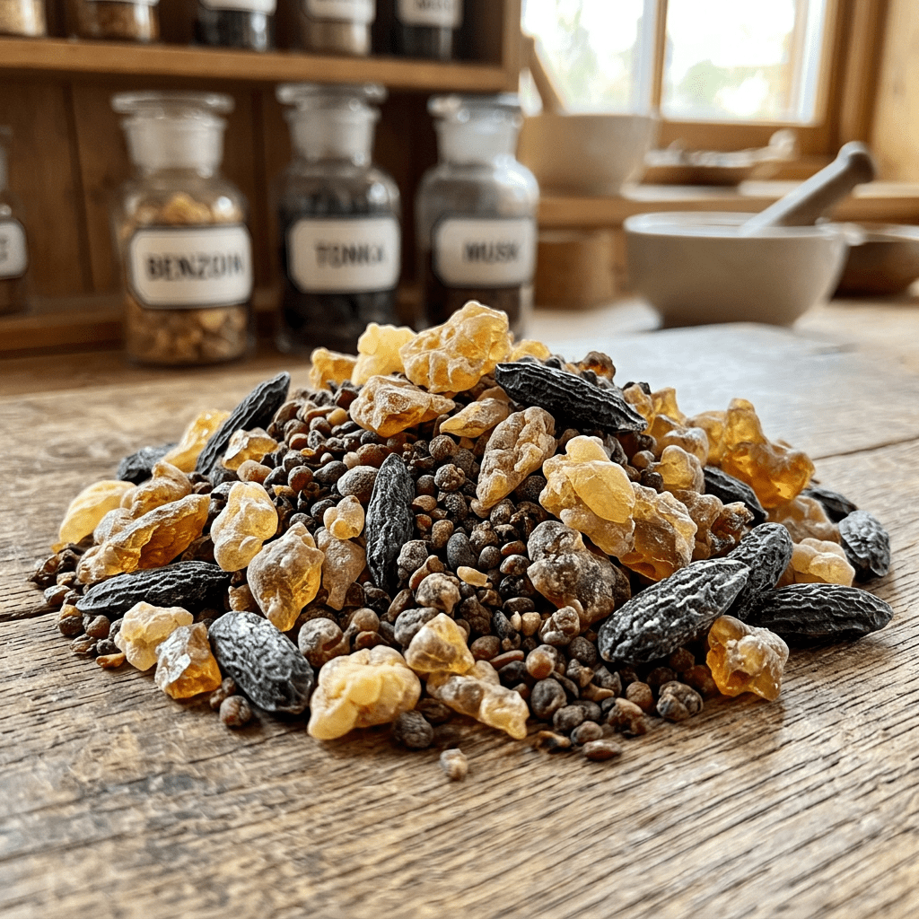 Bright close-up pile of musk tonka benzoin