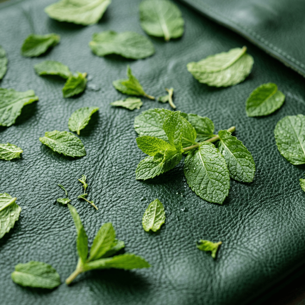 Fresh mint leaves with water droplets on dark green textured leather