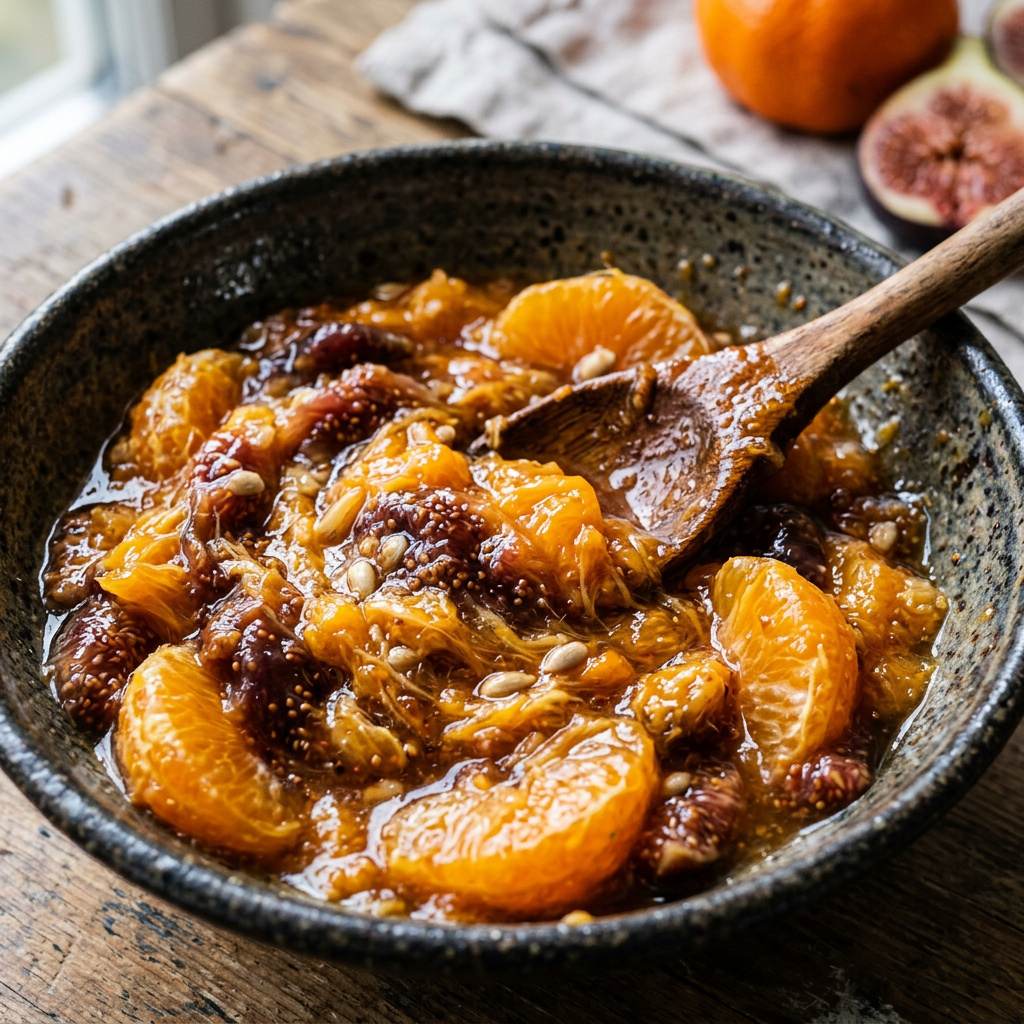 Fig nectar and mandarin mashed together close-up