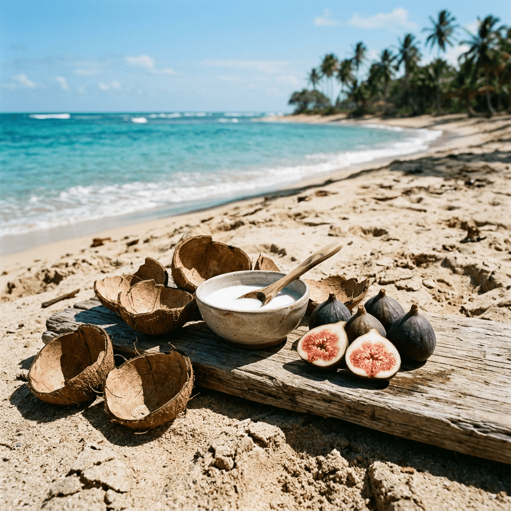 Sun-bleached shore, coconut milk, cracked shells, figs