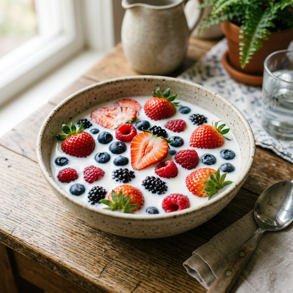 Bowl of mixed strawberries, blueberries, raspberries, and blackberries in milk