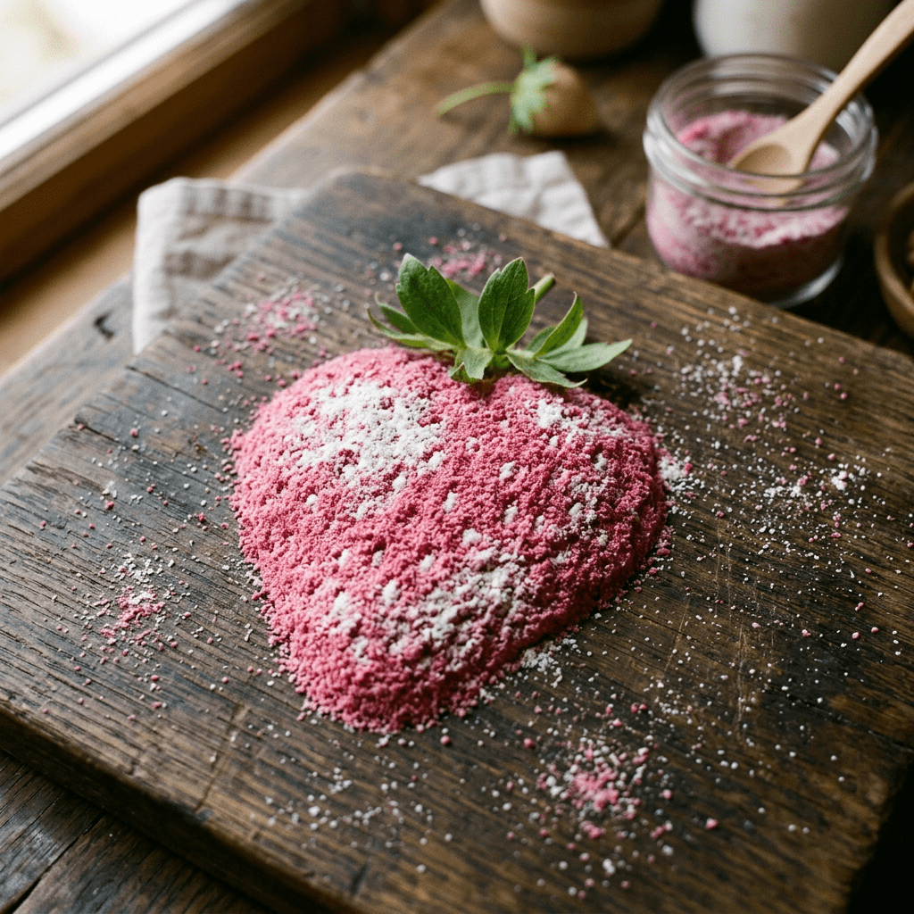 Strawberry-shaped pink bath salt with green leaves on a wooden board
