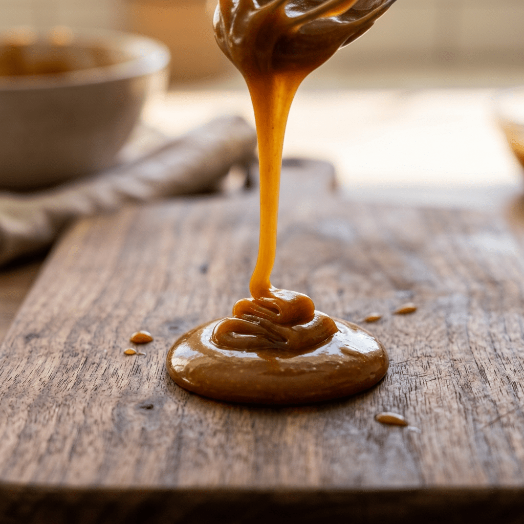 Thick caramel sauce pouring from a utensil onto a wooden surface