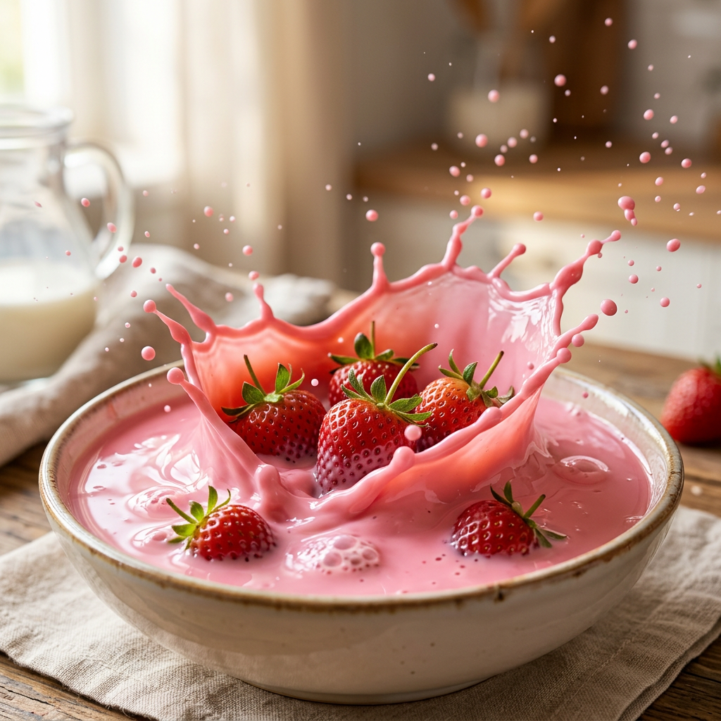 Strawberries splash into glossy pink milk, close-up