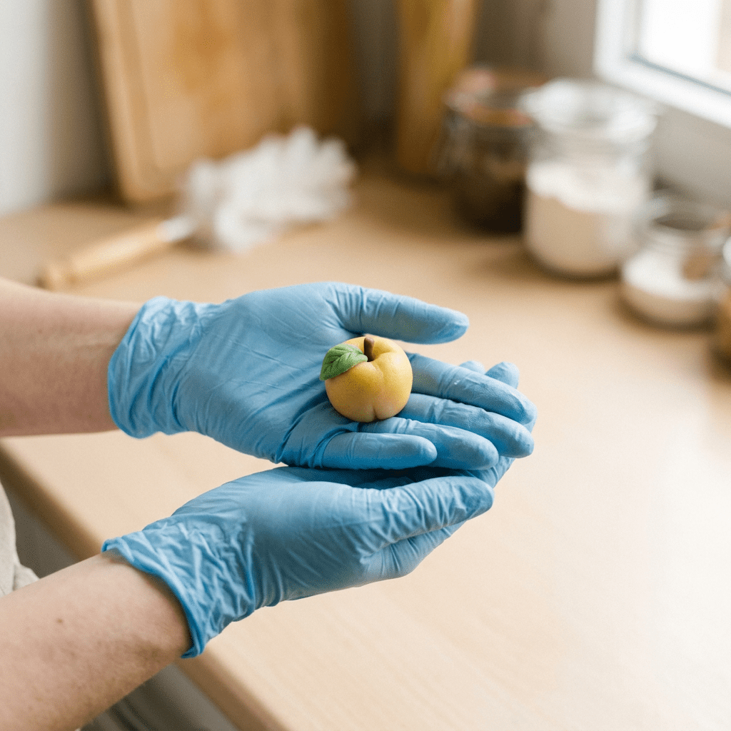 Hands wearing blue gloves holding a small marzipan fruit with a green leaf.